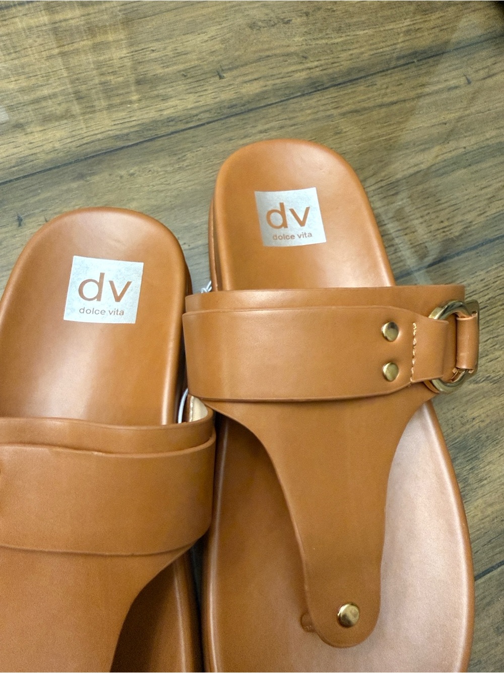 Dolce Vita Cognac Leather Slide Sandals with Gold Hardware